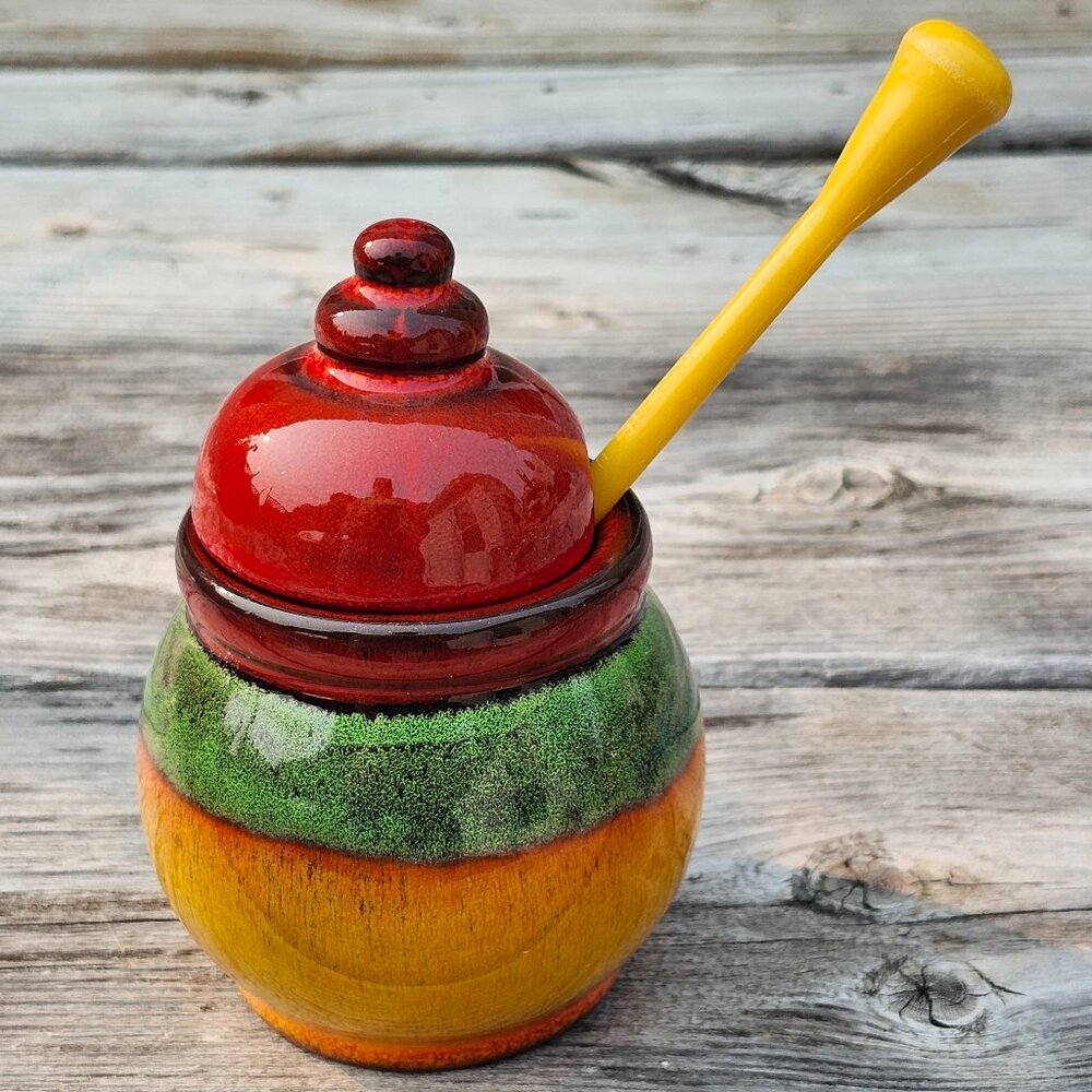 ATTRACTIVE Handmade Ceramic Honey Pot With Stick/Dipper (Pot Dipper) and Lid
